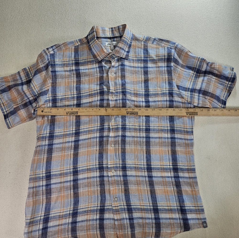 Peter Millar Linen Shirt Large Blue Orange Plaid Short Sleeve - Picture 3 of 6